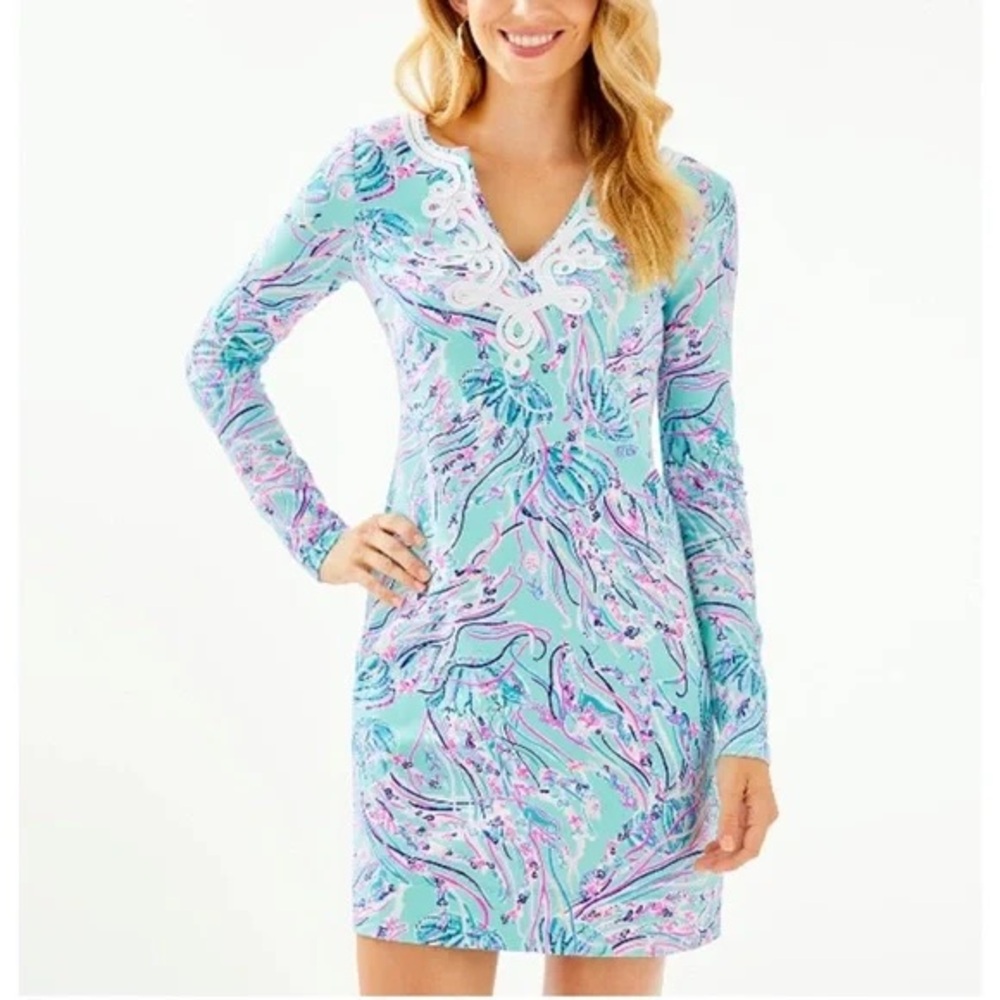 Lilly Pulitzer Harper Long Sleeve Shift Dress XS Bayside Blue Under the Moon